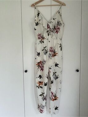 IVIVI Cream Floral Ruffle-Trim Wrap Jumpsuit